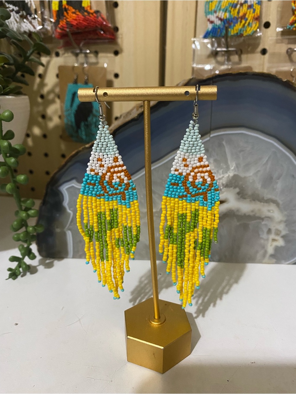 Colorful Beaded Fringe Earrings — Yellow & Turquoise
